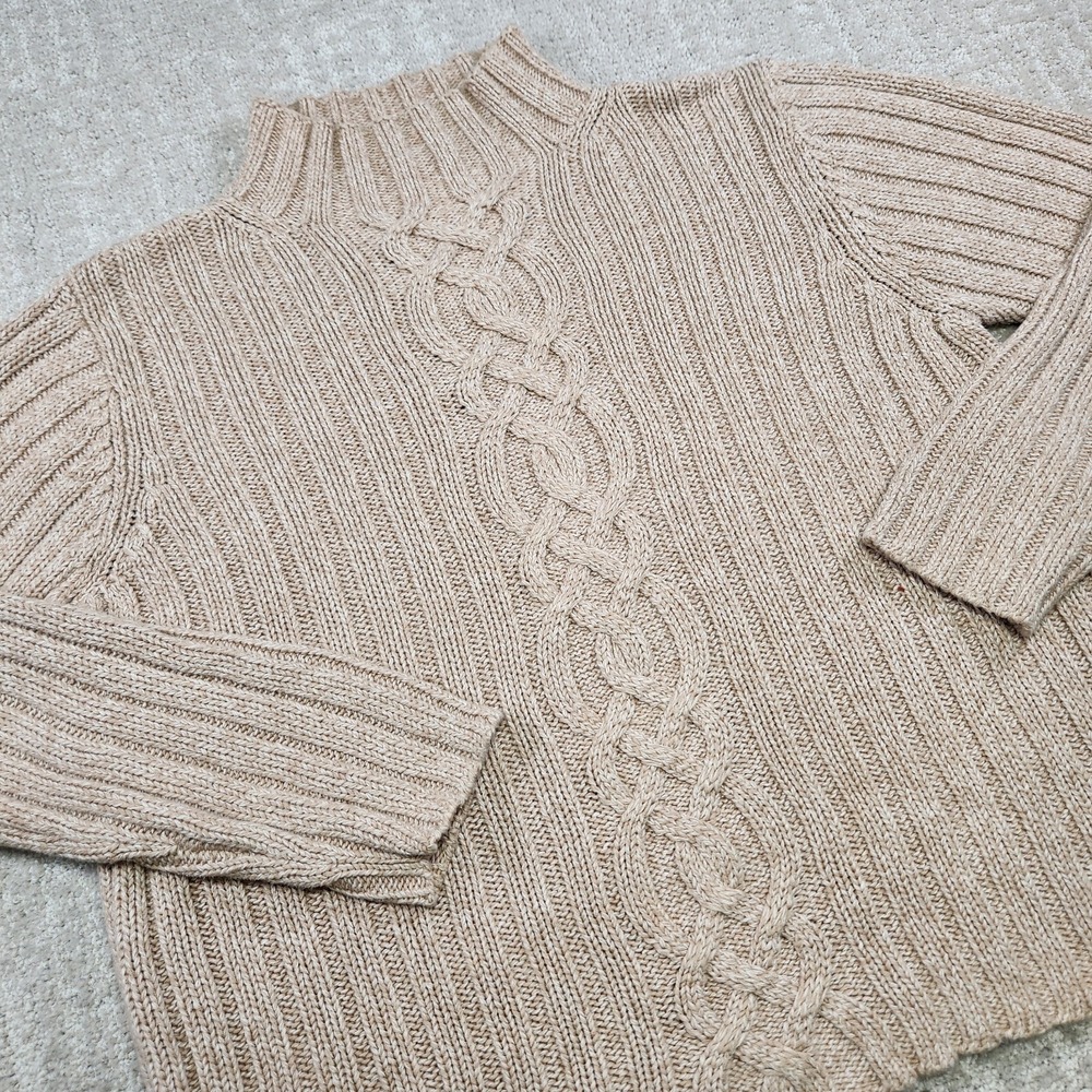 LL Bean Sweater Womens Medium Cable Knit Mock Neck Heavy Cotton Chunky‎ Knit